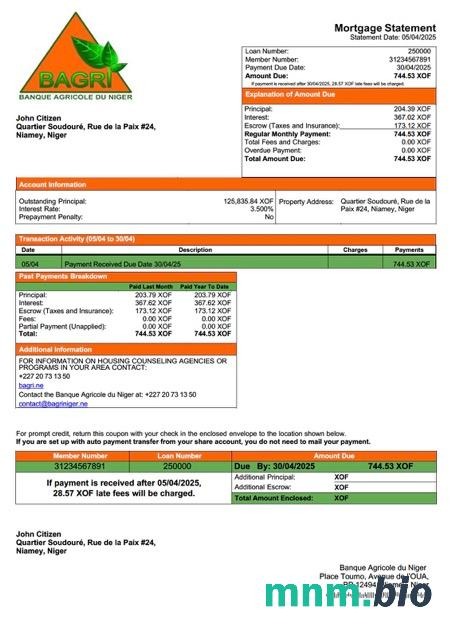 Niger Banque Agricole du Niger wyciąg z kredytu hipotecznego szablon Word i PDF